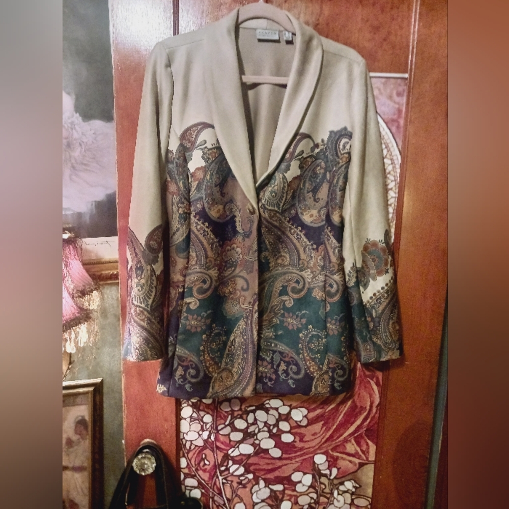 Susan Graver Beige Open-Front Paisley Jacket with Teal Accents Feels Like Suede